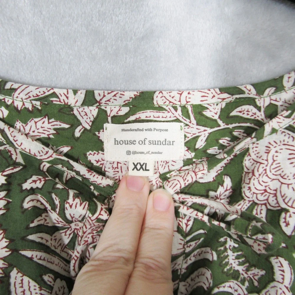 House of Sundar Mini Dress XXL Floral Print Green Pink Cotton Tie Neck - Picture 4 of 11